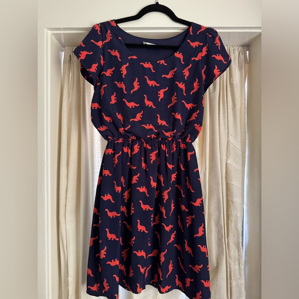 ModCloth mini dress dark navy with orange dinosaurs!